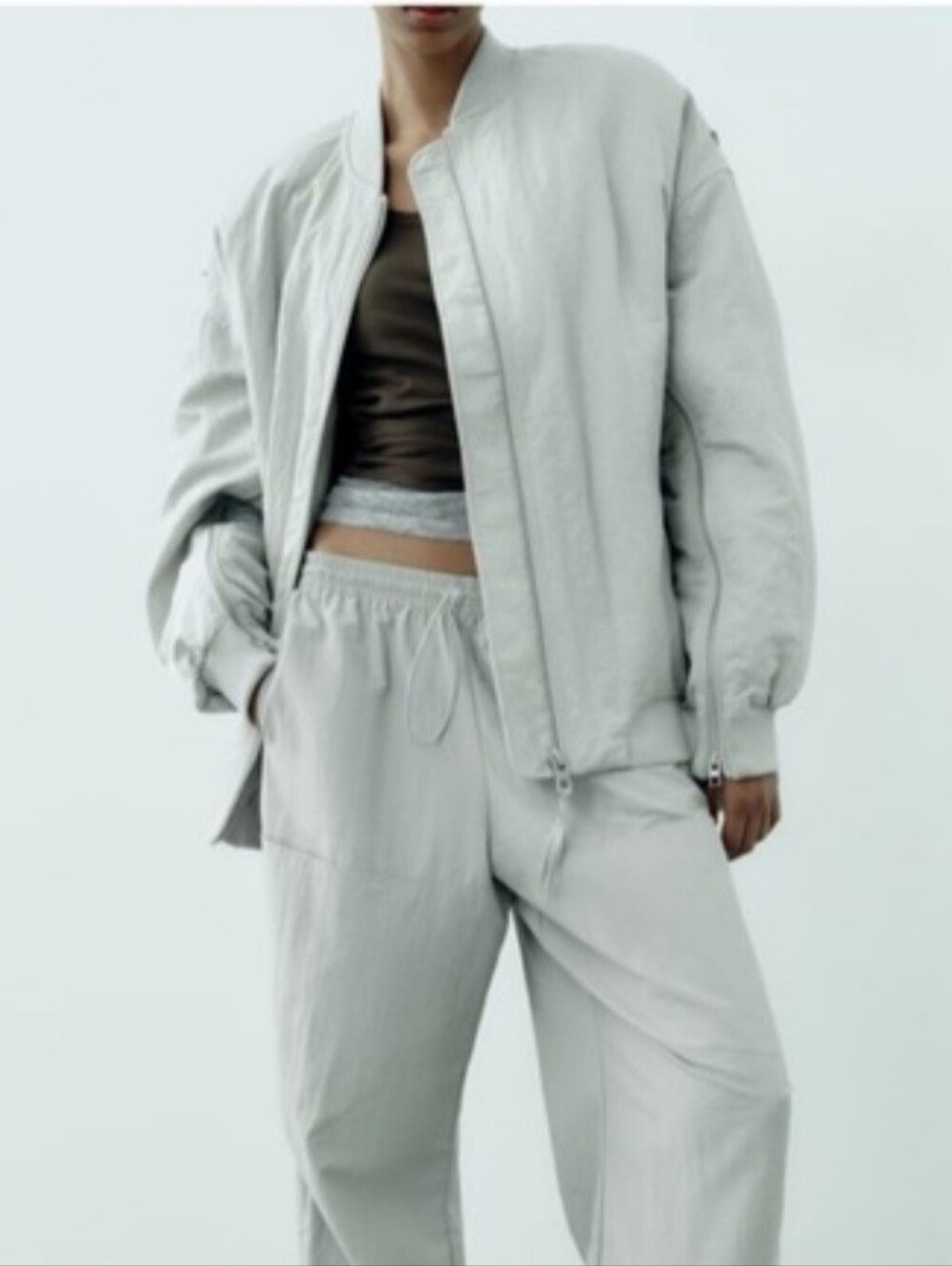 ZARA Oversized Water-repellent Light Gray Warm Bomber Jacket